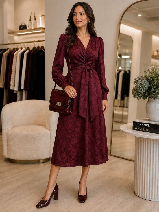 Zara Dresses & Skirts - Zara Deep Burgundy Jacquard Midi Dress – Size S